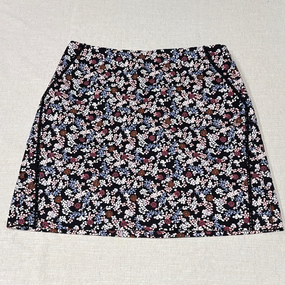LOFT Black Floral Mini Skirt with Pink & Blue Accents